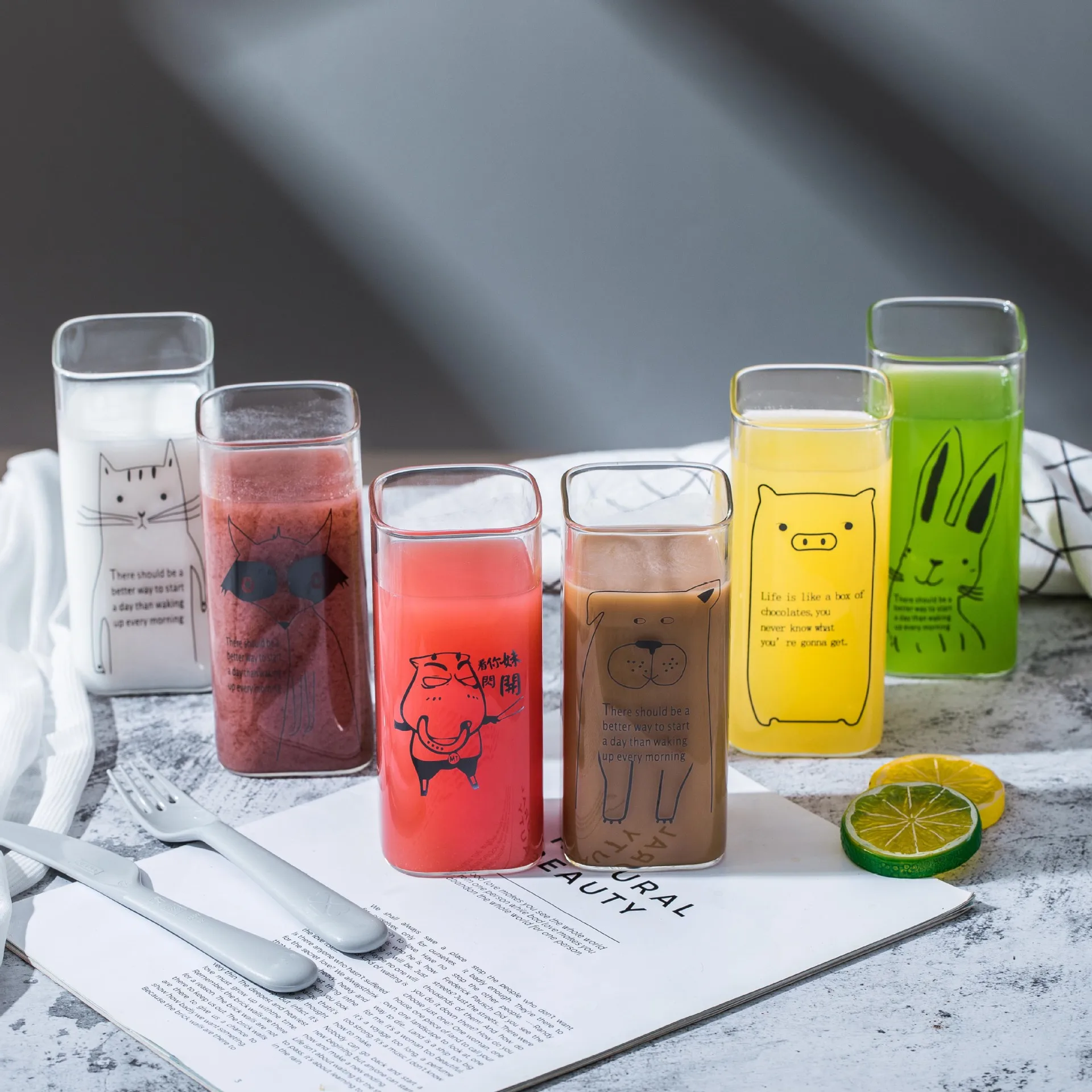 Heat Resistant Square Glass Home Breakfast Milk Cup Square Mouth Cup Creative Beverage Juice Cup