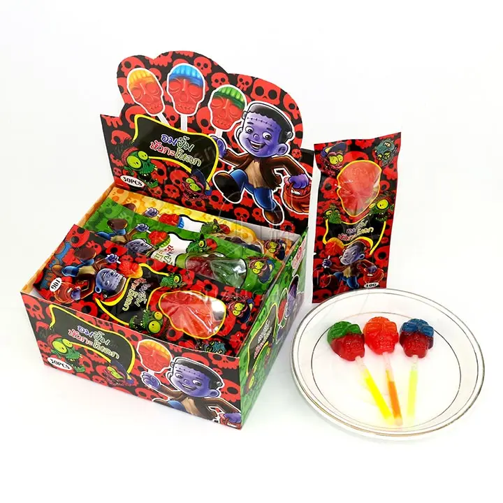 Halloween Zombie Head Hard Candy Lollipops Luminous Sour Fruity Assorted Flavors Candy Skull Head Glowing Lollipop
