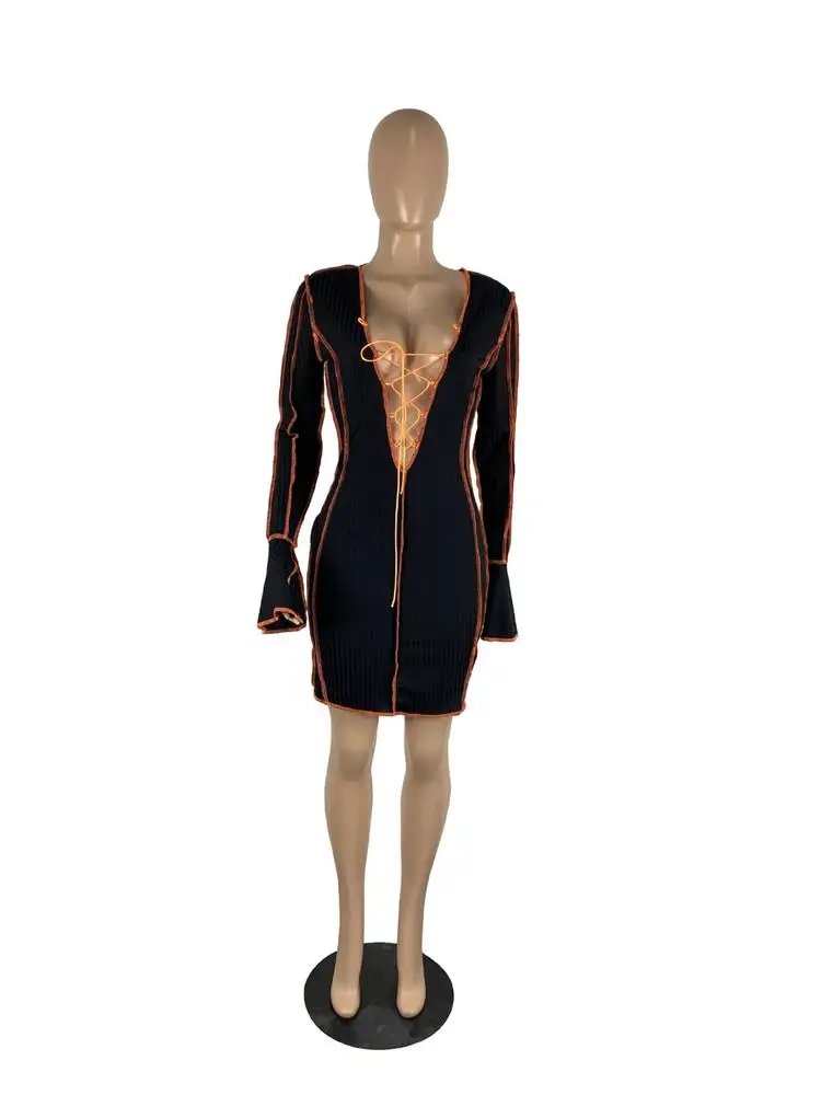 
Fashion Bodycon Dress Bandage Deep V Neck Long Flare Sleeve Sexy Club Wear Autumn Women Dresses 