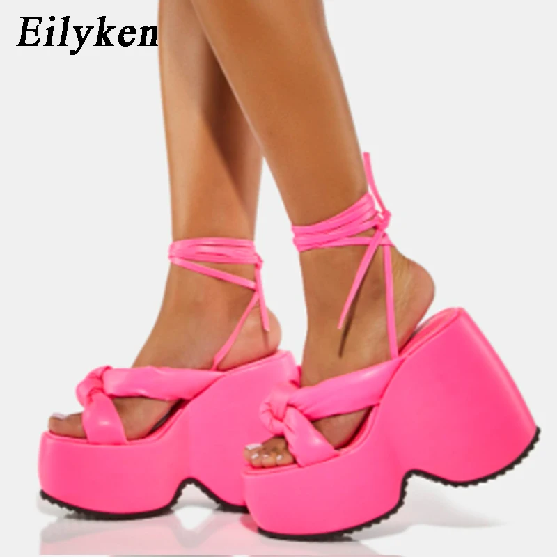 Eilyken Waterproof Platform Ankle Lace-up Wedge Sandals For Women Designer Open Toe Super Thick Bottom Party Dance Shoes Summer