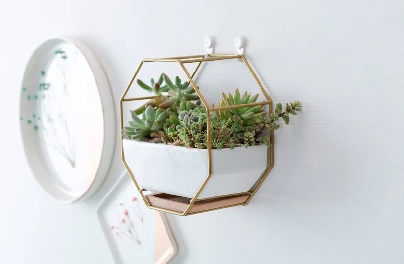 wholesale indoor outdoor hanging wall table metal frame ceramic flower pots planters stand with bamboo tray