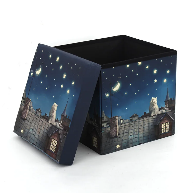 Customized Blue Star Cartoon Cat Foldable storage ottoman with LED Design for living room