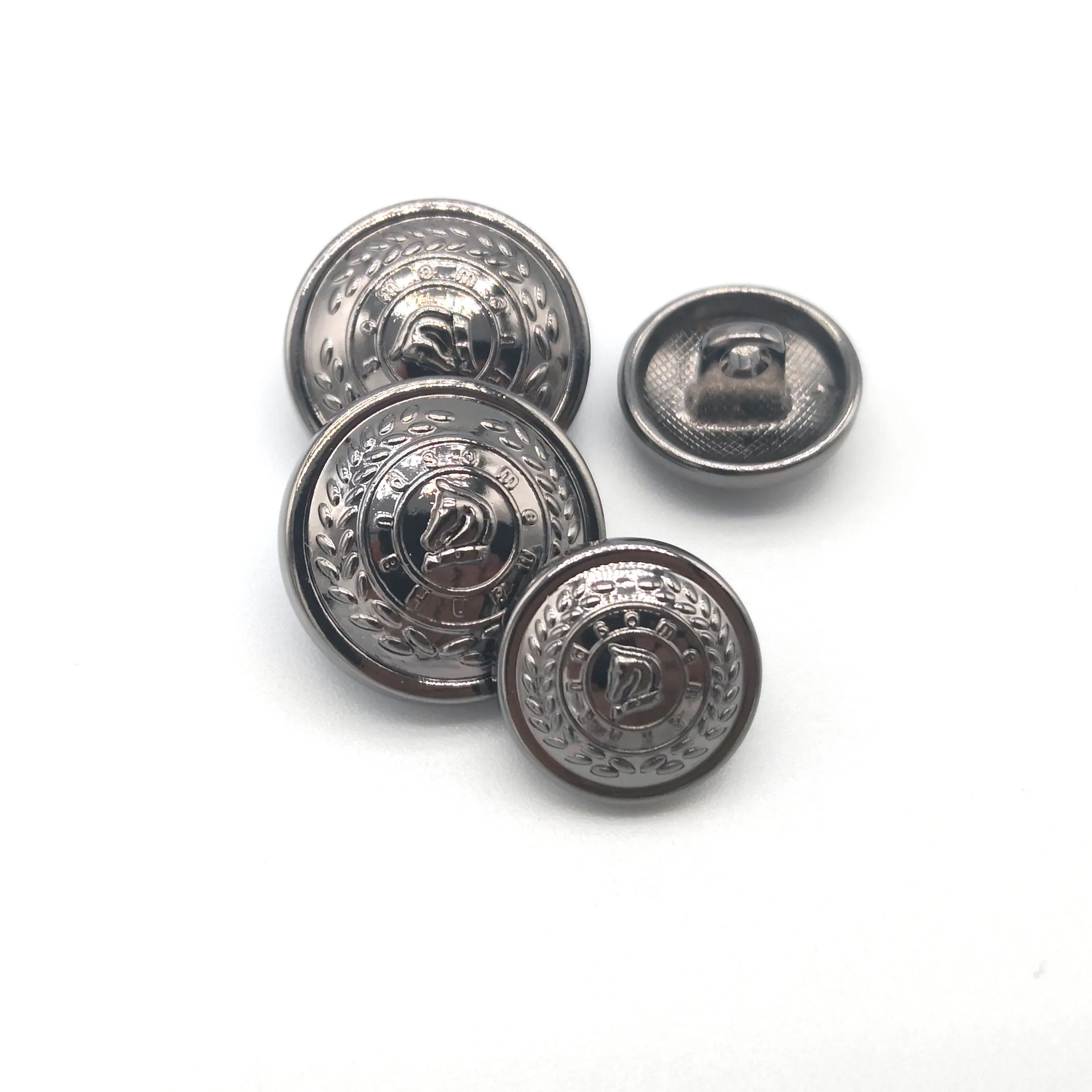 High Quality custom logo embossed gun metal shank buttons engraved sewing alloy button for coat