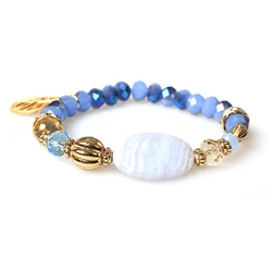 V&R Qingdao Jewelry Half Coating Matte Gold 18k Gold Plated Mix Opal Blue Faceted Bead Faceted Stripe Stone Stretch Bracelet
