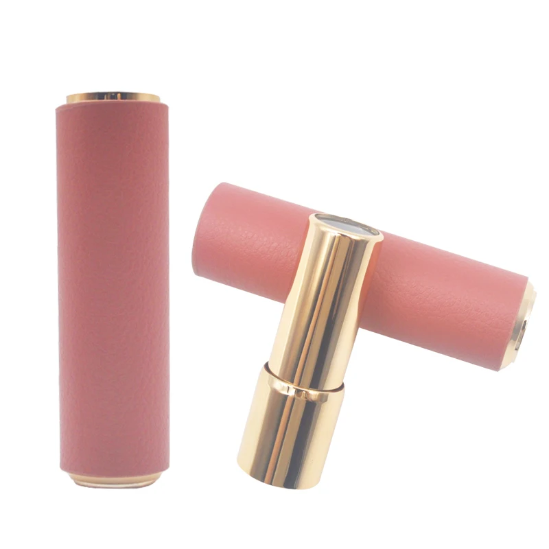Pop-Up Empty Lipstick Tube Round Shape Gold Color With Leather Outside Lipstick Container