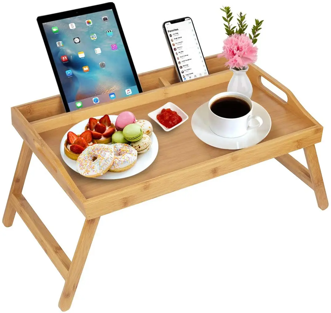Wholesale Folding Legs Bamboo Breakfast Tray Bed Tray Table Bamboo Table with Handles