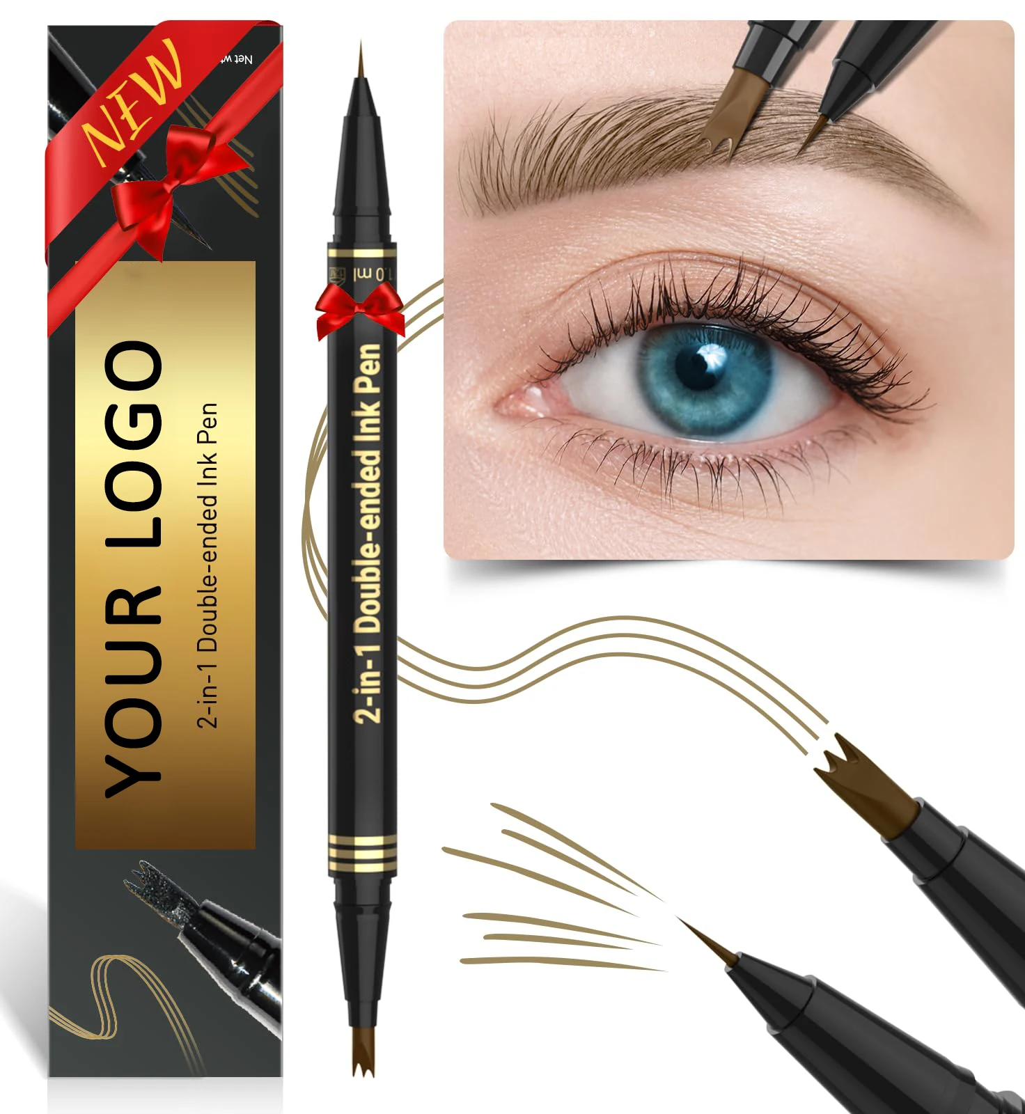 Natural-Looking Precise Brush-Tip 3-Prong Micro-Fork-Tip Applicator Brow Pencil 2-in-1 Dual-Ended Eyebrow Pen Eyebrow Pencil