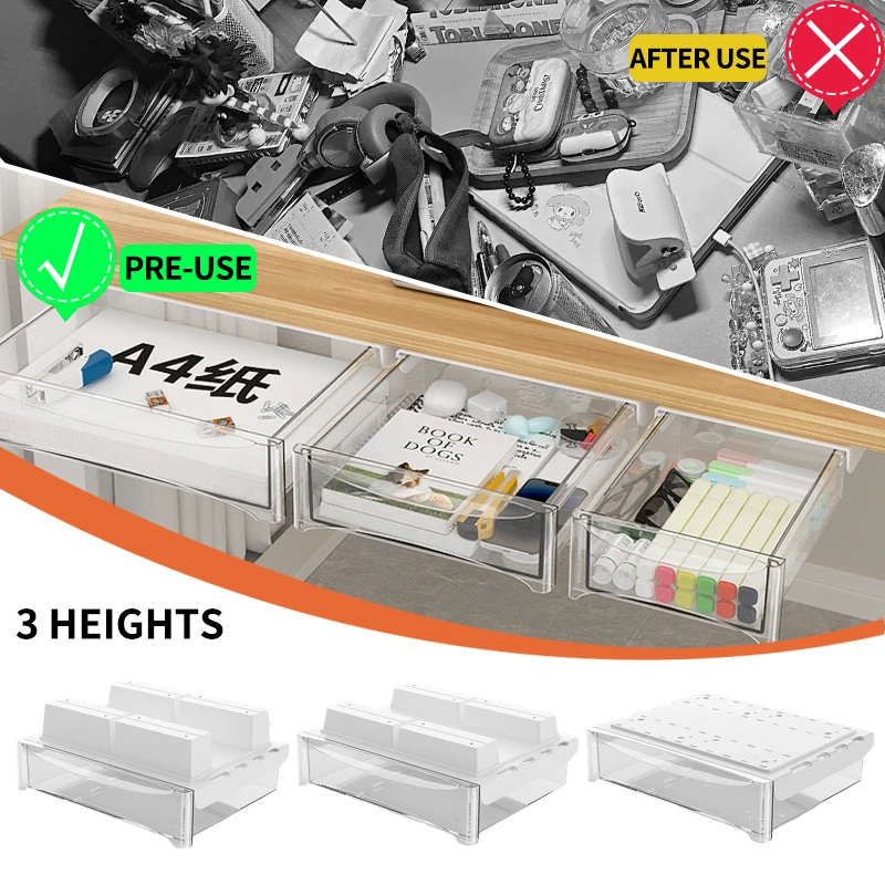 Single-Tier Self-Adhesive Desktop Organizer Wood Acrylic Storage Box Metal Tray Rack Holder Office Home Use Table Management