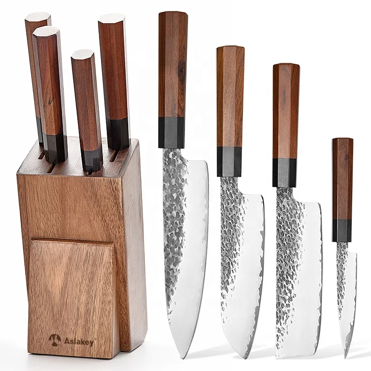 Asiakey профессиональный тяжелый набор ножей шеф-повара Gyuto 5 шт. кухонных с держателем для резки мяса Япония