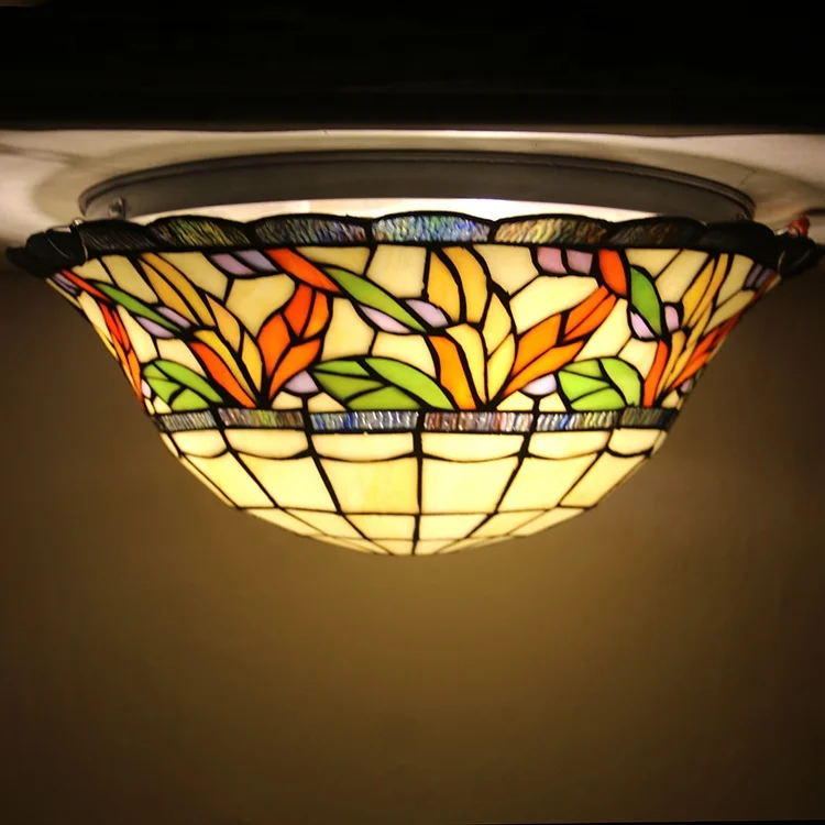 LongHuiJing Tiffany Style Flower Flush mount Lamp Antique ceiling Lamps Stained Glass Handcrafted Lights