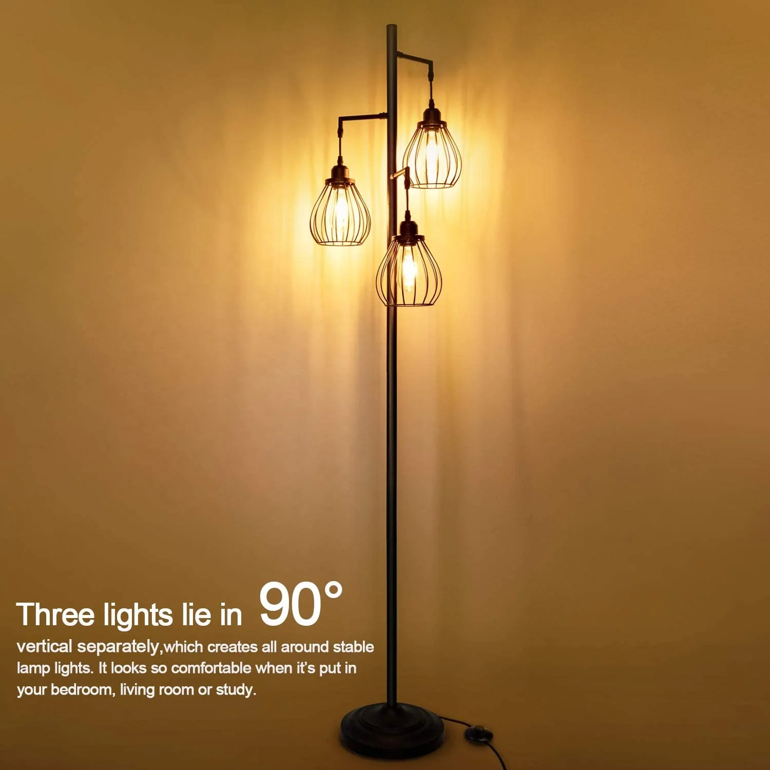 Tree Floor Lamp with 3 Elegant Teardrop Cage Head ST58 Edison LED Bulbs Sturdy Base Tall Vintage Pole Light Great for Farmhouse