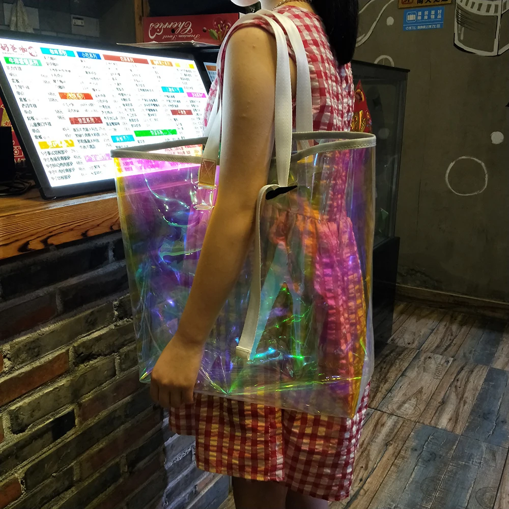 
Hign quality Fashion Iridescent ladies backpack TPU bag waterproof Makeup Wash women Colorful bag 