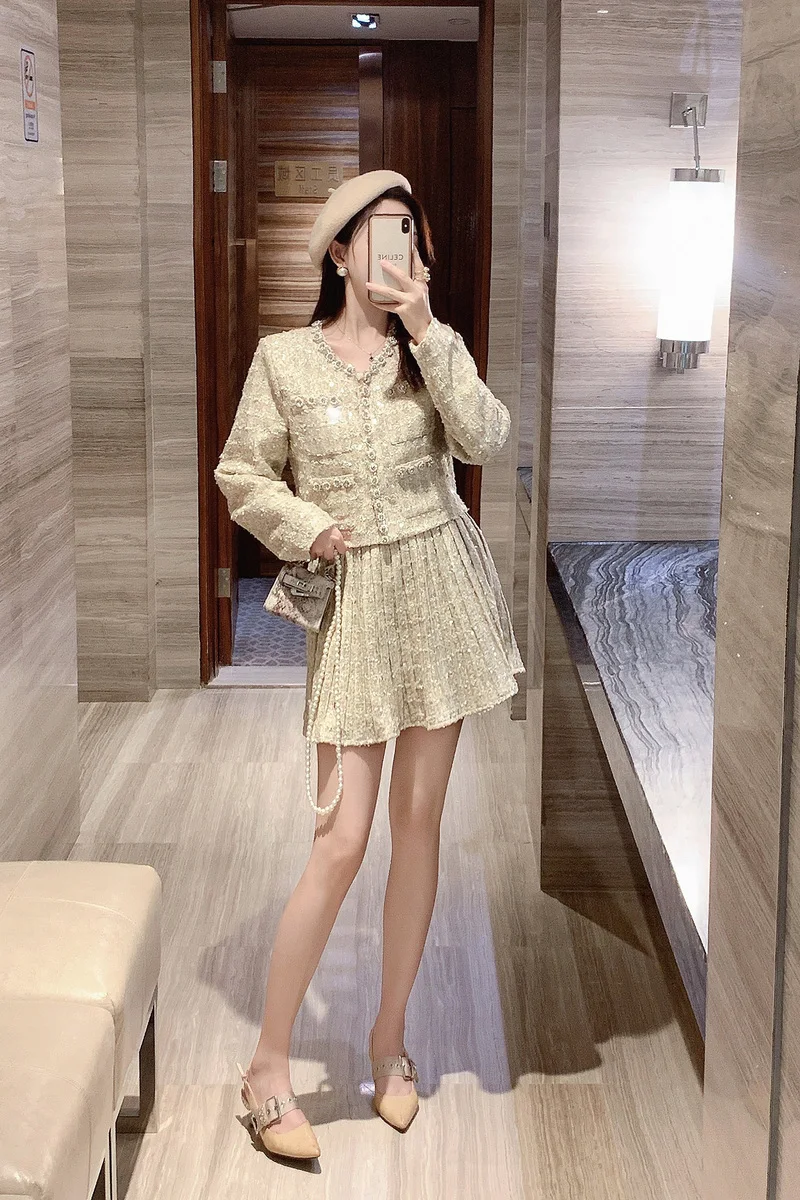 Celebrity Temperament Small Fragrance Short Coat Set Autumn New Pleated Skirt Heavy Work Two Piece Set SR70110139
