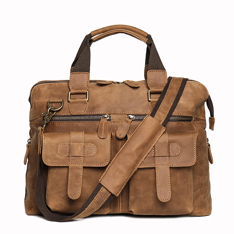 Mens Messenger Bag  Vintage Genuine Leather Briefcase Large Satchel Shoulder Bag Rugged Leather Computer Laptop Bag, Brown