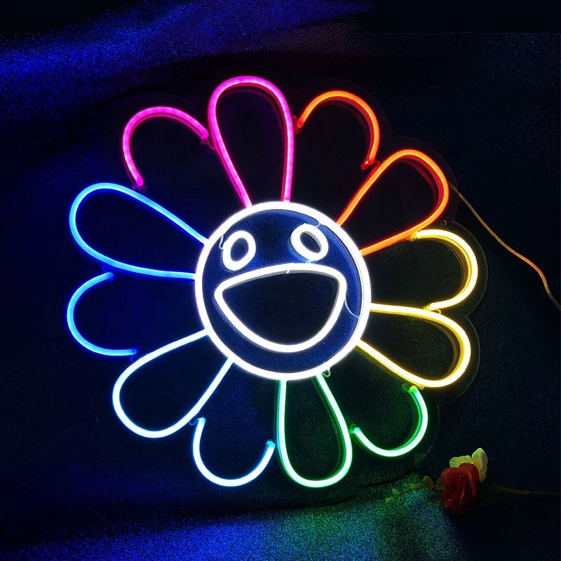 
Amazon Hot Free Shipping USB Colorful Smiley Face Sunflower Neon Sign Gifts Big Rainbow Flower Neon Sign for Wall 