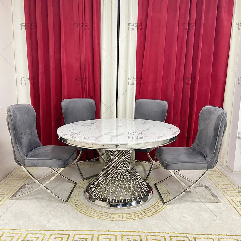 Modern luxury Italy wholesale high quality factory direct dining room silver marble top round 6 8  seater dining tables sets