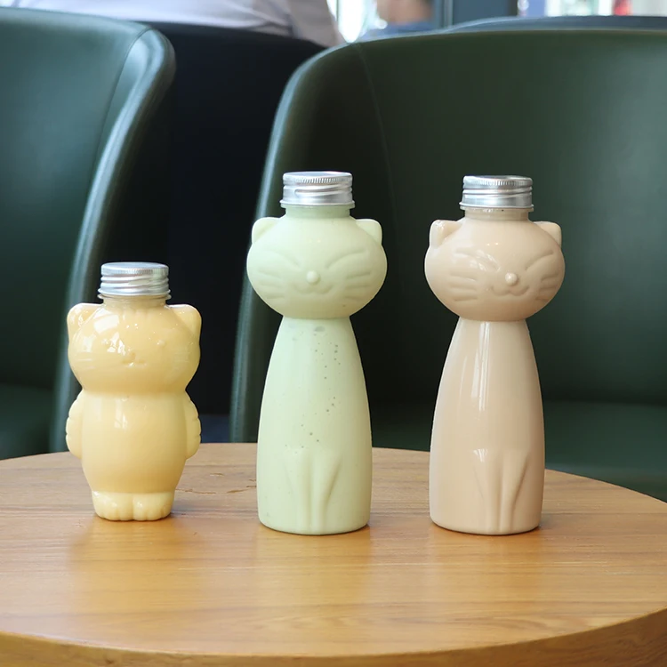 Wholesale Can Be Customized One-time 350 ml PET High Quality Cat Shape Juice PET Plastic Bottle with Aluminum Lid