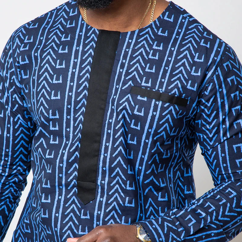 African Print Traditional Shirt Blue Navy Printed Men Top 100% Cotton Wax Shirt For New Season
