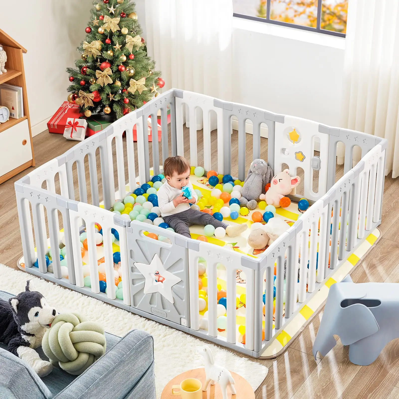 ABST Grey White Star 16 Panel Baby Playpen Safety Sturdy Kids Play Center Yard Portable Baby Fence with Gate for Baby