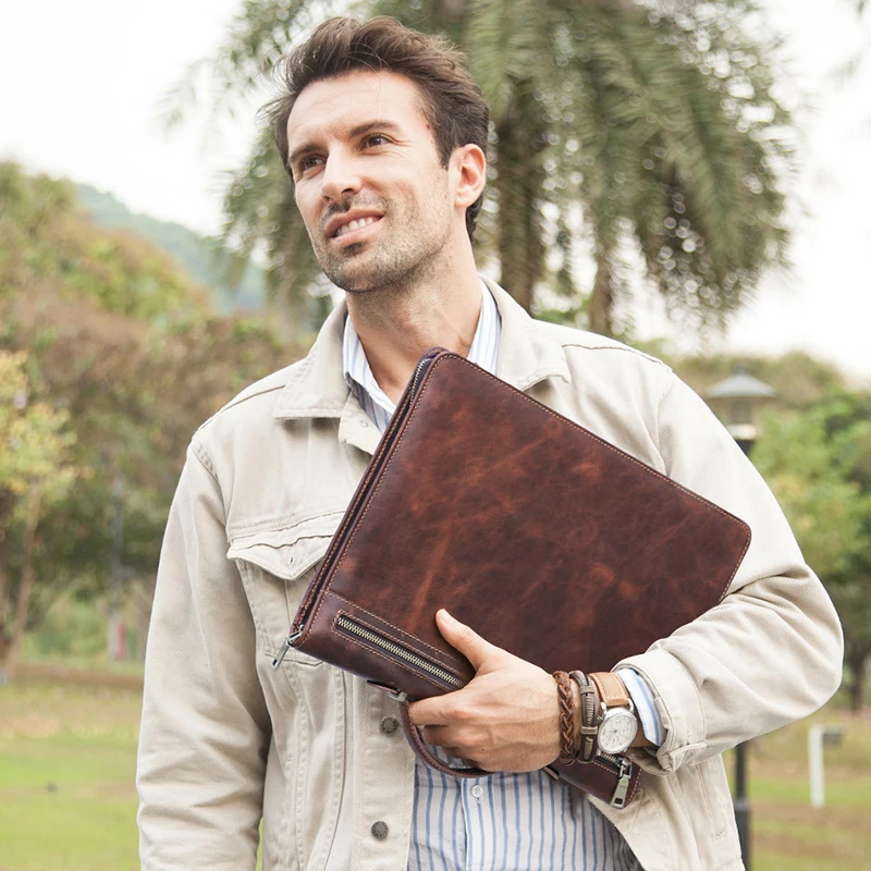 GA177 Real Crazy Horse Hand Computer Sleeve Men Office Tablet bags Phone Genuine Leather Document Business Laptop Bag