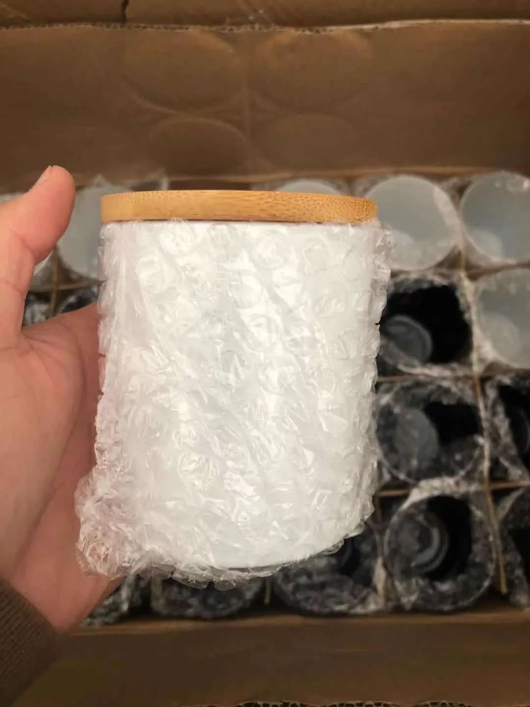 10oz 315ml ready to ship wholesale frosted white color glass candle jar luxury holders in bulk with bamboo cork lid