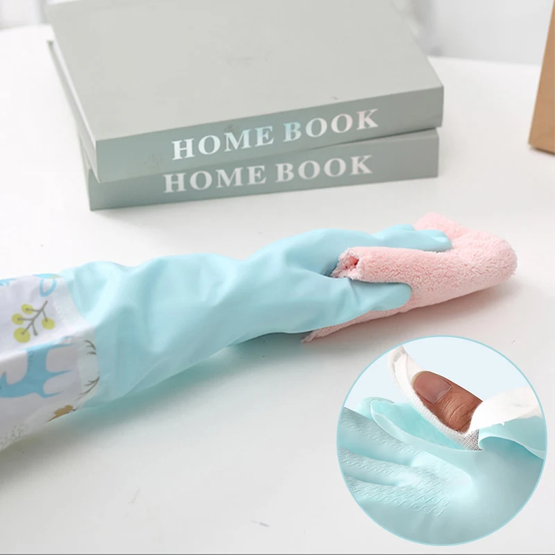Factory direct winter rubber gloves elastic wide mouth lengthened PVC cleaning plus velvet thickening housework dishwashing glov
