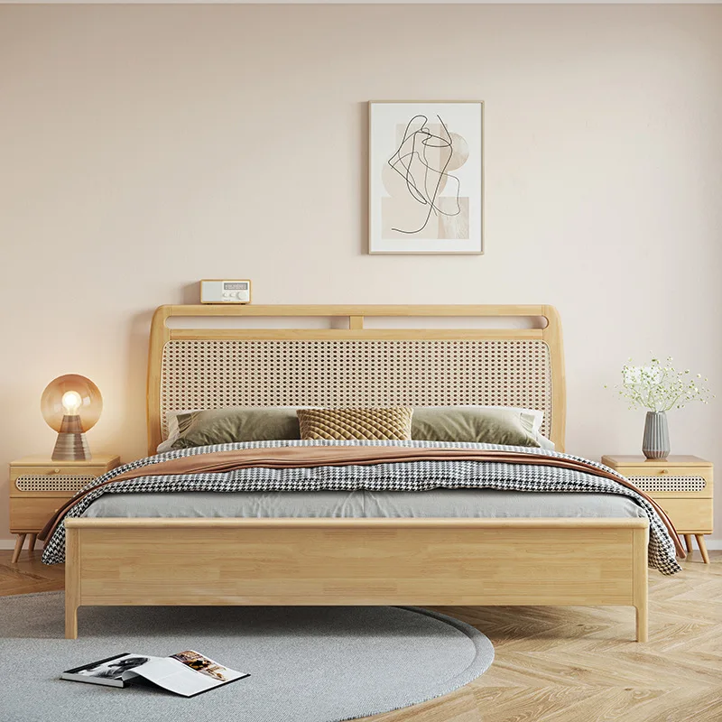 Rattan solid wood bed king size double real rattan Nordic wabi-sabi style wooden bed simple bedroom furniture set