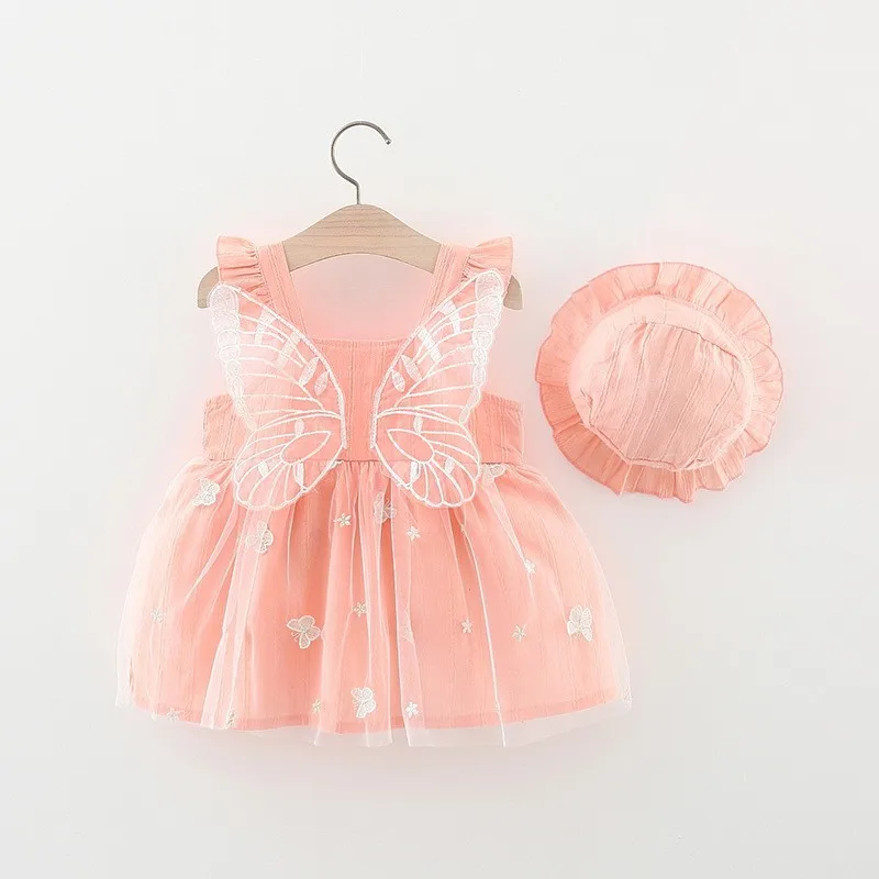 fairy dress for baby girl fly suspender mesh  butterfly skirt with butterfly wing back  + baby hat kids party dresses