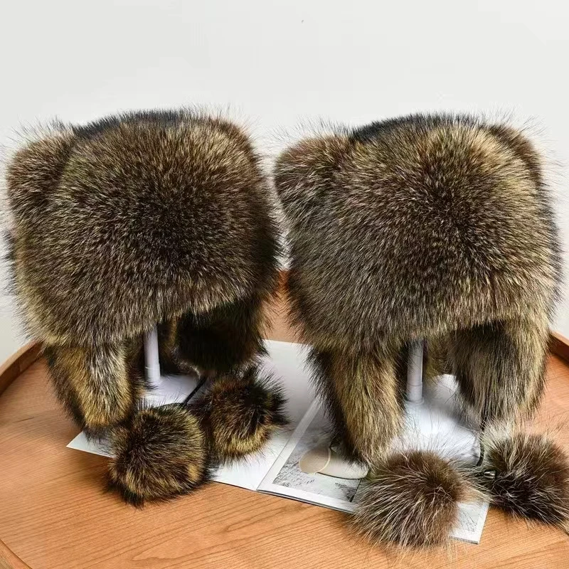 New Women Natural Raccoon Fur Hat For Winter Thick Warm Ear Fashion Pompoms Hat Lady Loveliness Real Fox Fur