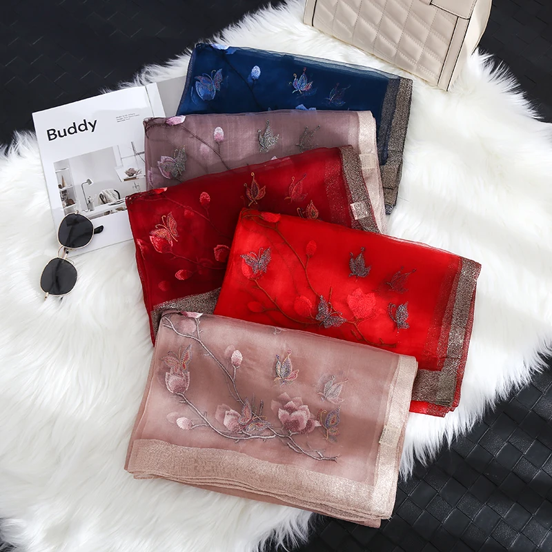  2021 Long Satin Silk Matte For Shawl Women Blended Pashmina Organza Scarf Kashmiri Luxury Embroidery Shawls