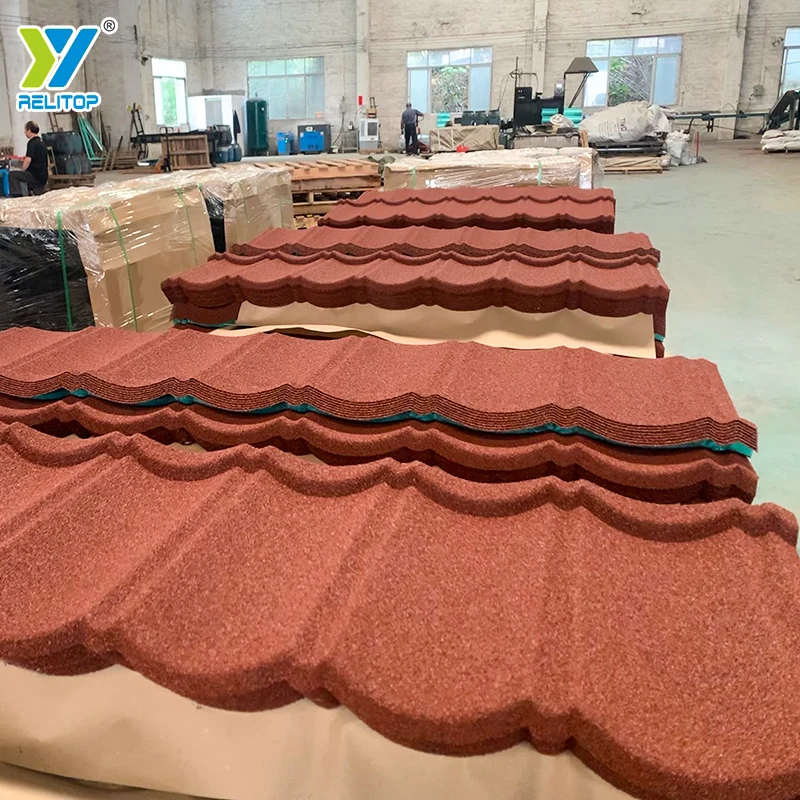 Relitop Stone Coated Roof Tile Red Bond Tile Roofing Sheet Seven Waves Stone Chips 1340x420mm