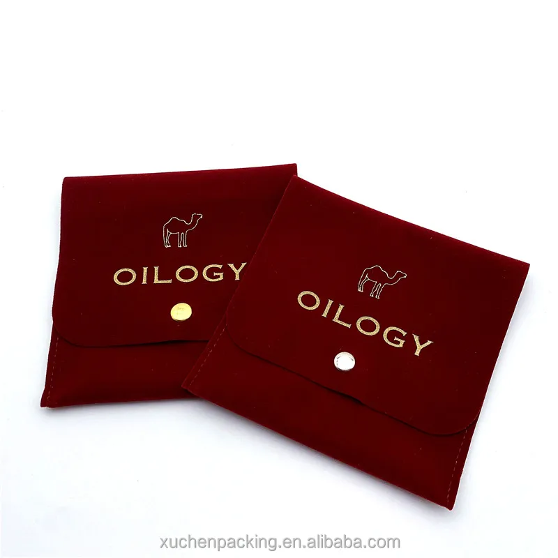 Luxury Packaging Burgundy Color Velvet Necklaces and Bracelets Bags With Button Gold Foil Logo Velvet Envelope Jewelry Pouch