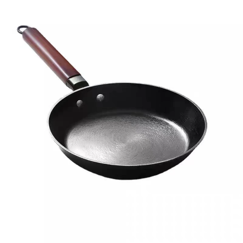 Wholesale Cast Iron Wok Pan Black Carbon Steel Frying Induction with Wooden Handle