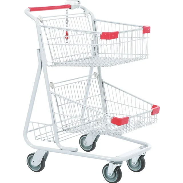 Double Baskets Shopping Cart Cheap Push Shopping Baskets With Wheels 2 Baskets Trolley Metal Frame Supermarket Cart