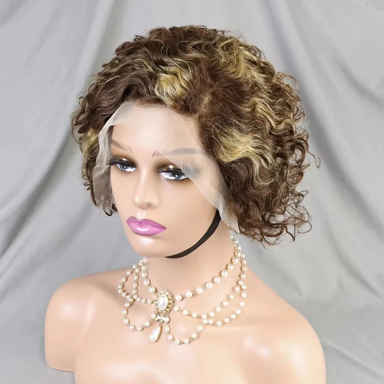 Pixie Cut Short Water Wave Curly 4/27 Honey Blonde Ombre Color Bob Wig Wholesale Virgin Human Hair 13x4 Lace Frontal Pixie Wig