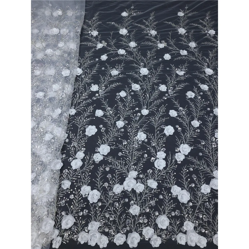 Beautifical White 3d lace fabrics wedding 2022 african bridal beads lace and sequins french lace fabrics ML82N28