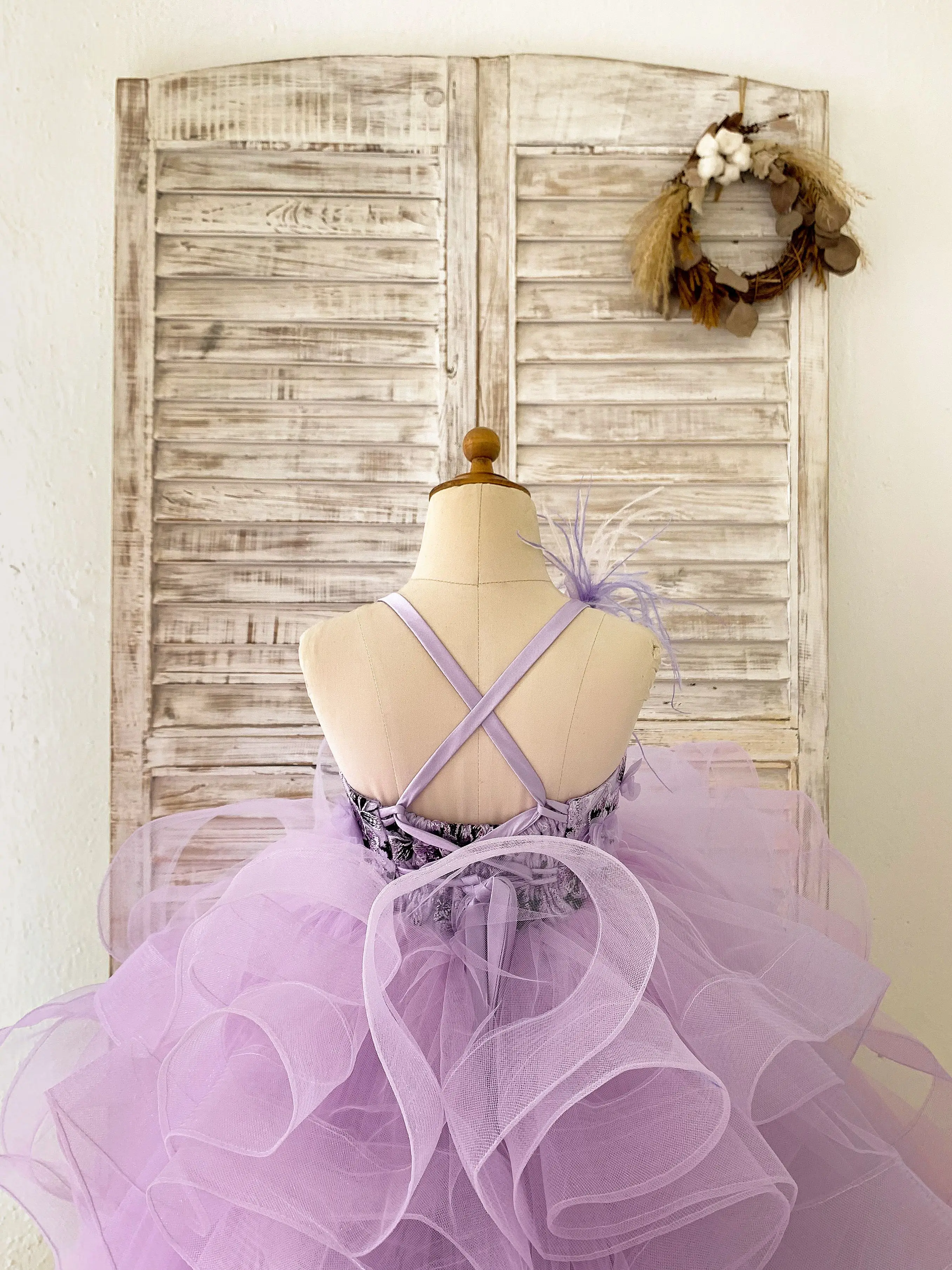 Lavender Tulle 3D Beaded Lace Wedding Flower Girl Dress Kids Party Dress Princess Birthday Gown Puffy Couture Dress