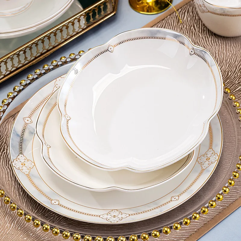 Flower Pattern High-End Tableware Bowl Plates Sets White Gold Ceramic Dinnerware Luxury Porcelain Dinner Sets