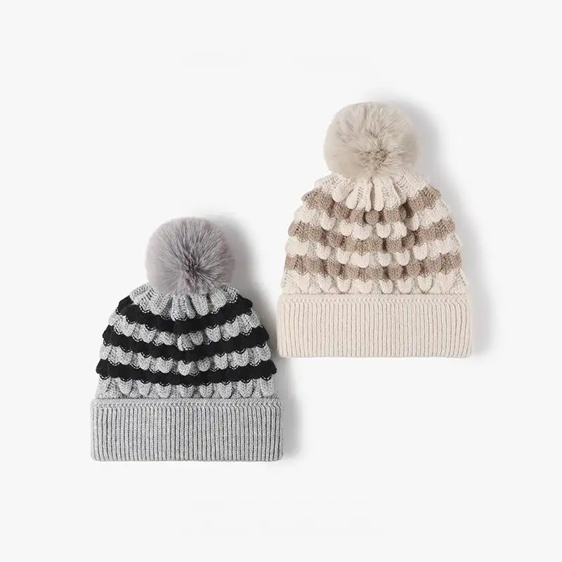 Pom Pom Crochet Puff Hearts Fleece-Lined Beanie Free Pattern on Crochet For You Outdoor Hairdressing Hat