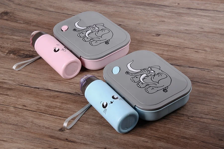 Kid children Cartoon Animal Elephant Plastic Bento Lunch Box with Water Bottle Set and spoon safe plastic food container