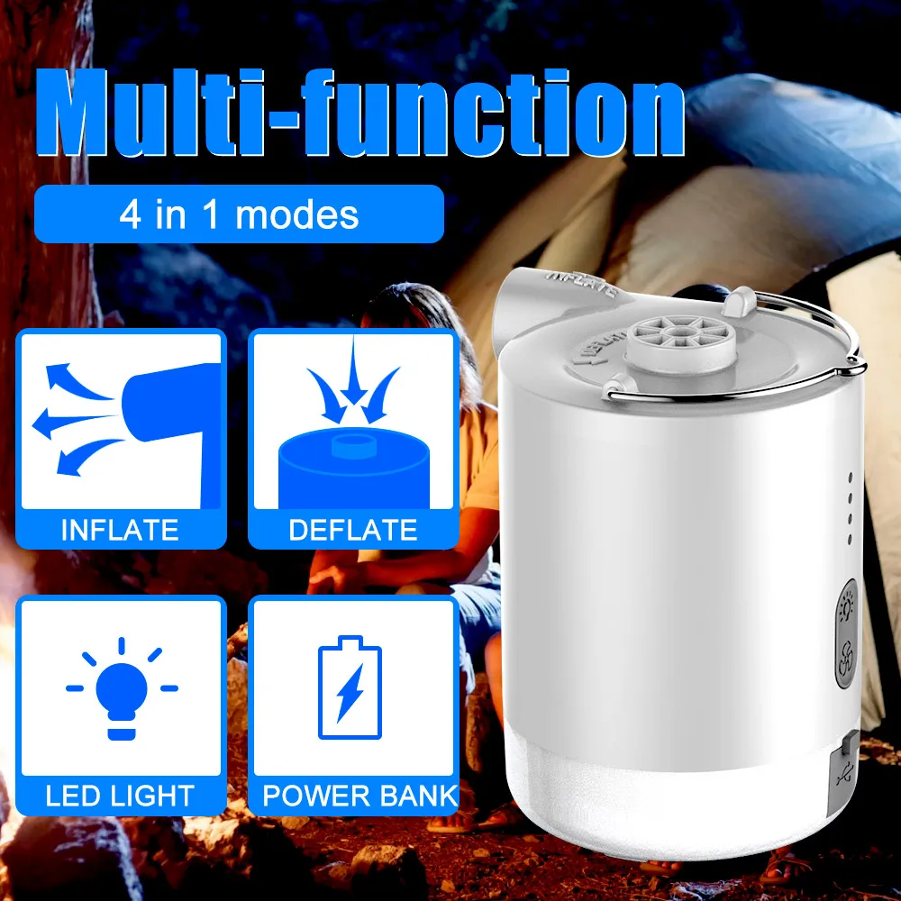 Rechargeable Portable USB-Cordless Camping Air Bed Pump Mini Electric Battery Inflator/Deflater With Camp Lantern
