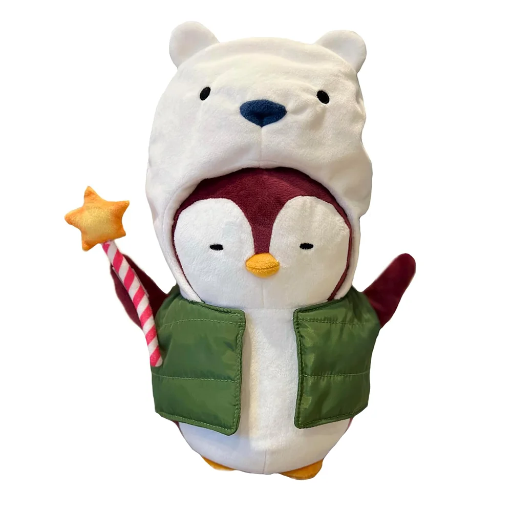 Lovely Removable Green Coat Holding Star Magic Stick Red Soft Pudgy Penguin with White Polar Bear Hat Funny Plush Toy Penguin