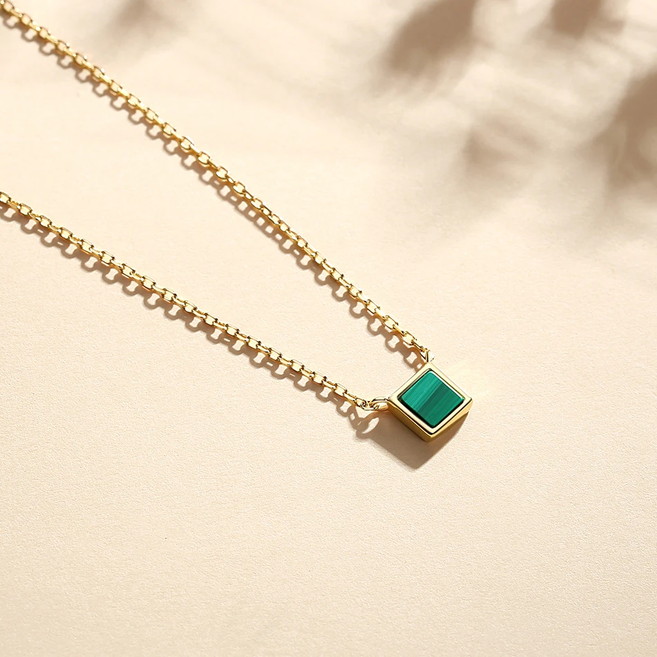 mother jewelry 925 Sterling Silver green natural stone necklace 18K gold Plated Stone Square malachite necklace