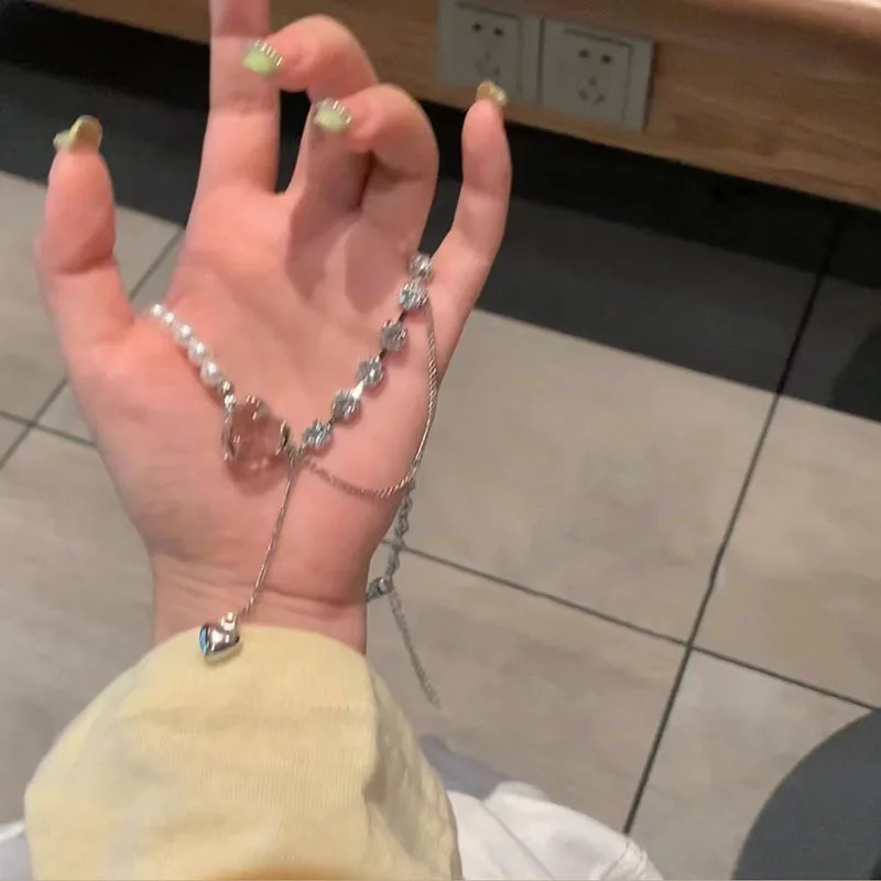 2022 Pink Love Heart Shape Stitching Pearl Necklace Clavicle Chain Pearl Crystal Choker Necklace For Women