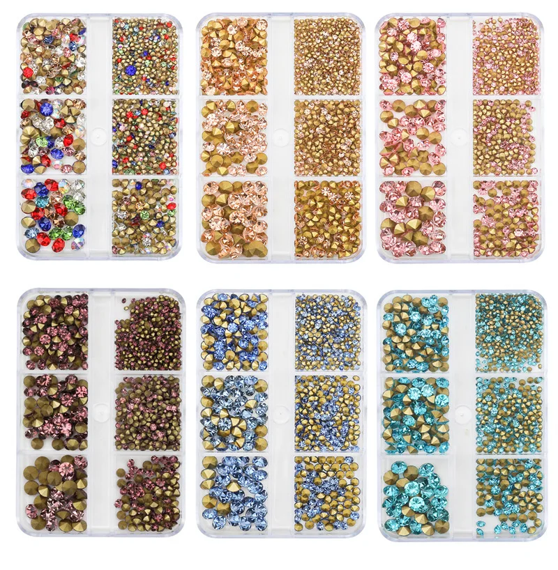 Nail art point back rhinestones mixed size 6 rids nail crystal stones nail bottom glass diamond charms wholesale