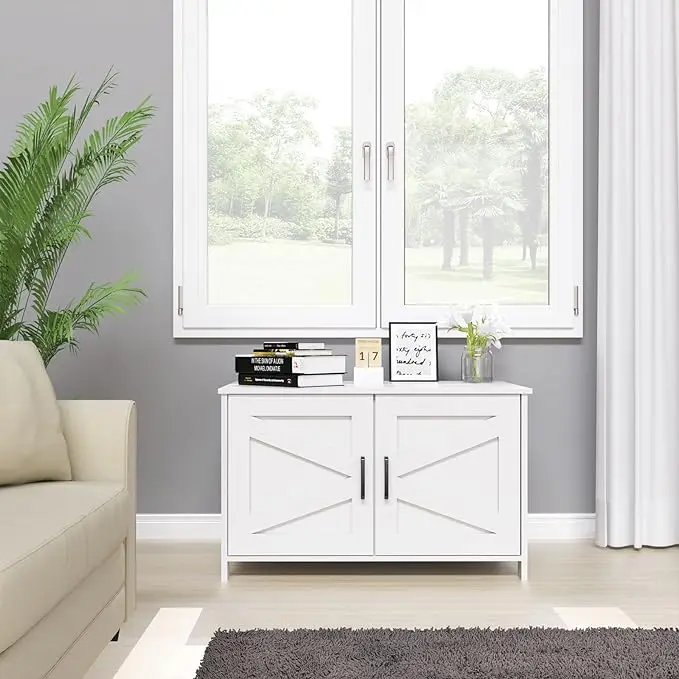 Wooden Cat Litter Box Enclosure with Barn Door - Hidden Furniture for Most Litter Boxes, Cat House in White Finish