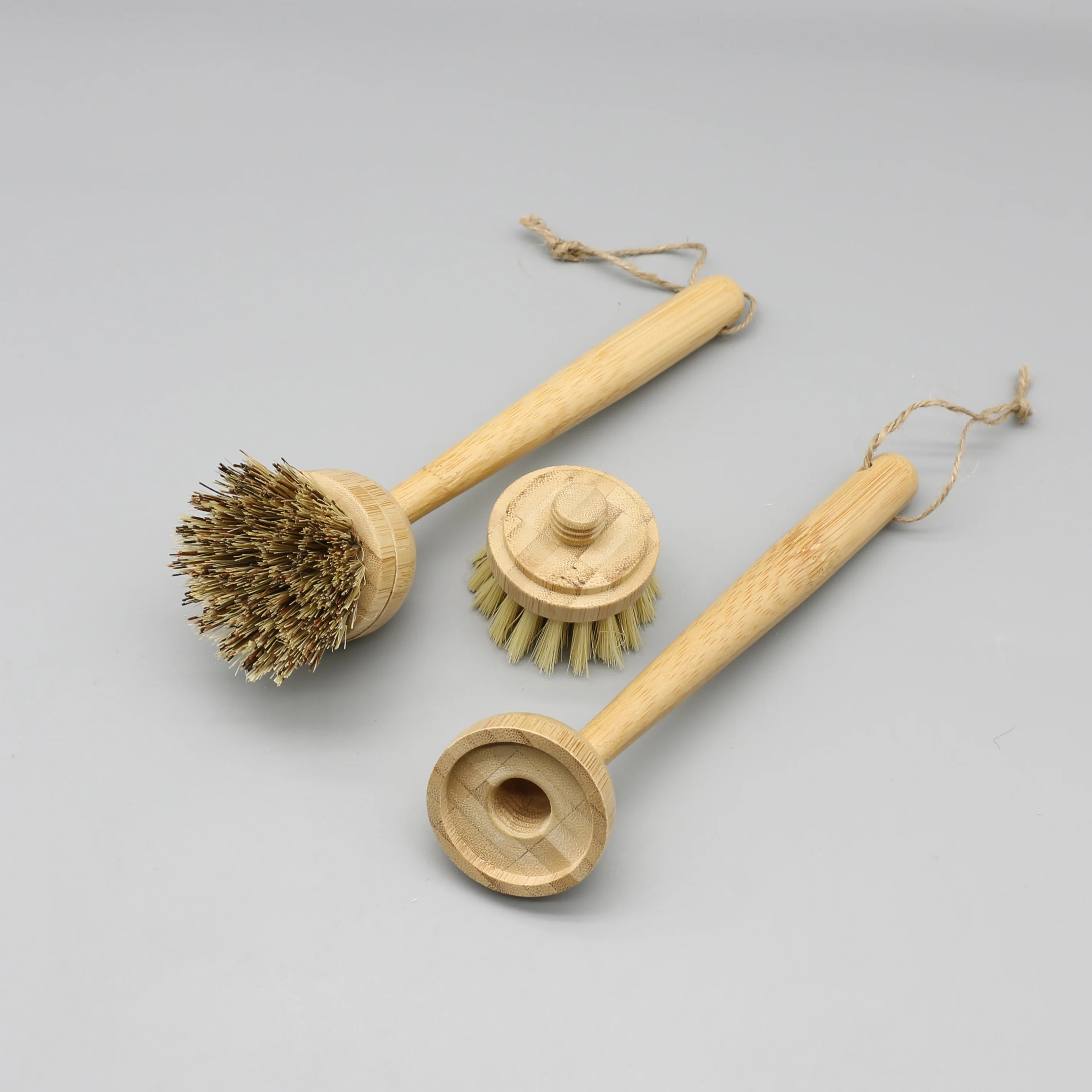 Eco-friendly Bamboo Sisal Bristles or Palm Fiber Detachable and replaceable head Vegetable Fruit Pot Dish Plate Scrubber Brush