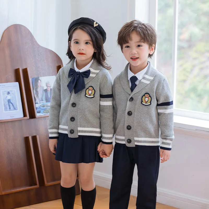 Factory Custom Kindergarten uniforms college varsity academy cardigan sweater set elementary school uniforms