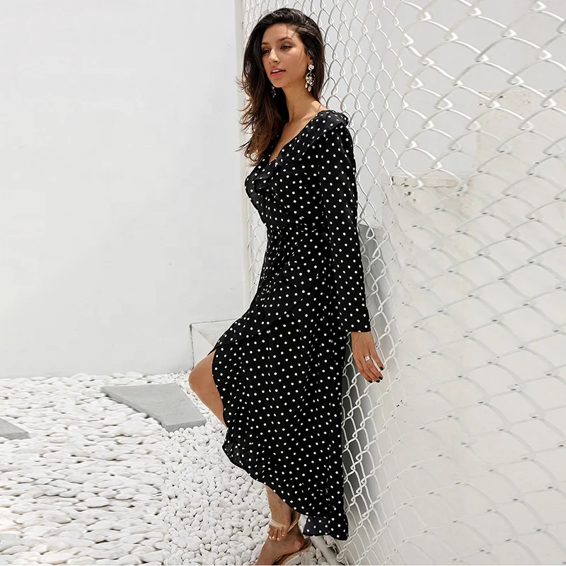 Womens Summer Boho Casual Dress Vintage Long Sleeve Polka Dot Ruffle V Neck Split Maxi Dress