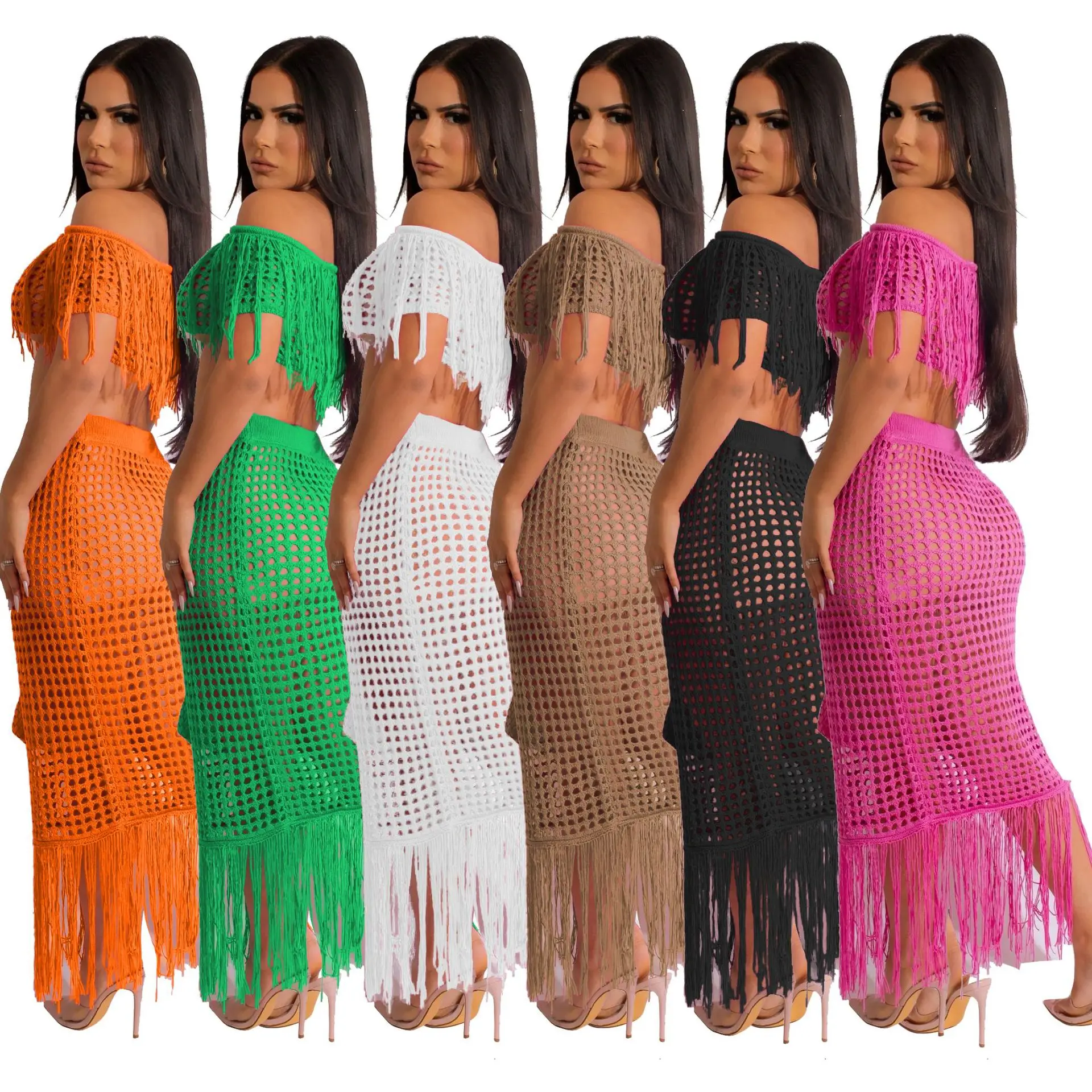 Tassel Skirt And Top Set For Women Casual Hollow Out Skirt Sets Women 2 Piece Outfits Two Piece Set Women Clothing